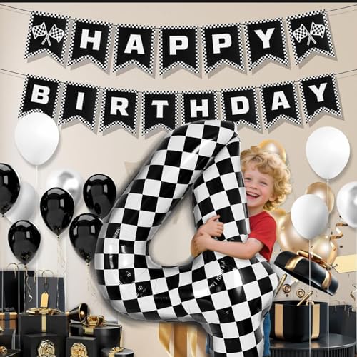 40 Inch Checkered Number 4 Balloon - Black & White Helium Decor