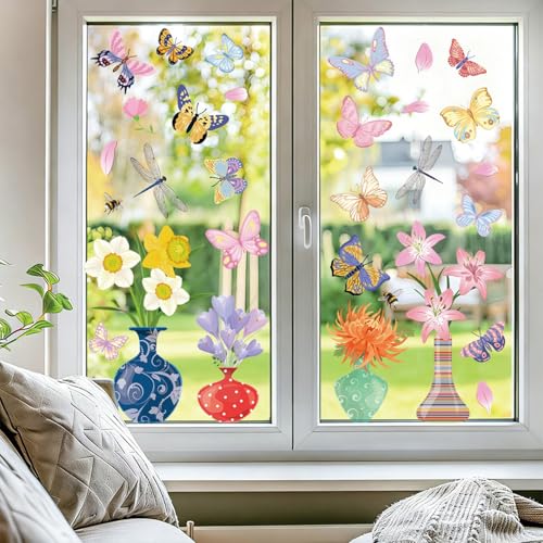 Spring Flower Butterfly Window Clings - 44 Pcs Reusable PVC Stickers