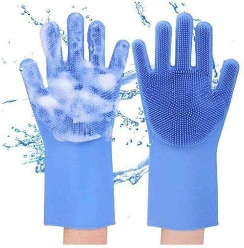 Yinceber Silicone Dishwashing Gloves, Pet Grooming Rubber Scrubbing Gloves for Dishes,Sponge Wash Cleaning Glove with Scrubbers for Housework, Bathroom, Kitchen, Car, Pets. 1Pair (13.6" Large)