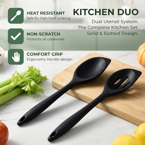 Silicone Cooking Spoon Set - Heat Resistant Slotted & Solid Spoons