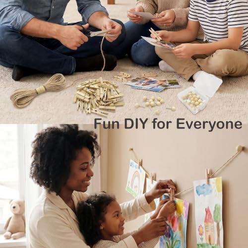 Hanging Photo Display Kit with 100 Wooden Clips & 65ft Rope