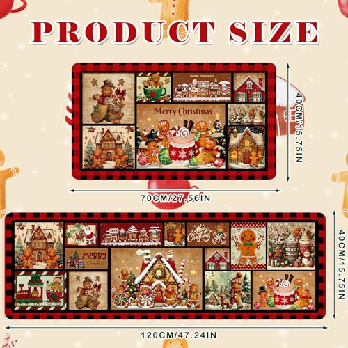 Christmas Kitchen Rugs Set of 2 - Non-Slip Buffalo Plaid & Gingerbread Mats