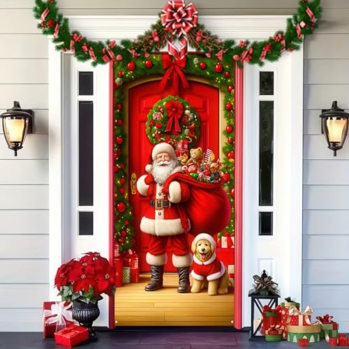 Christmas Door Cover Santa Dog Holiday Yard Banner 35x71 Inches