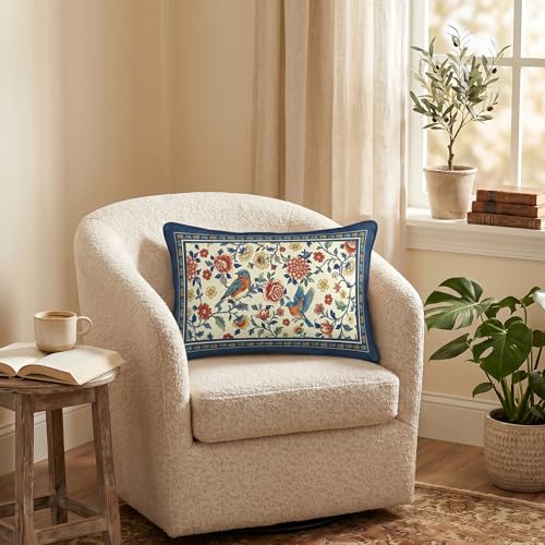 Blue Floral Chinoiserie Throw Pillow Covers Set of 2 20x12 Inches Velvet Spring Decor