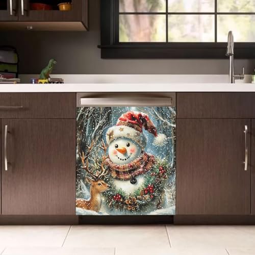 Snowman Dishwasher Cover Vinyl Magnetic Christmas Decor - 23x26 Inches - Deer & Snowman Variation