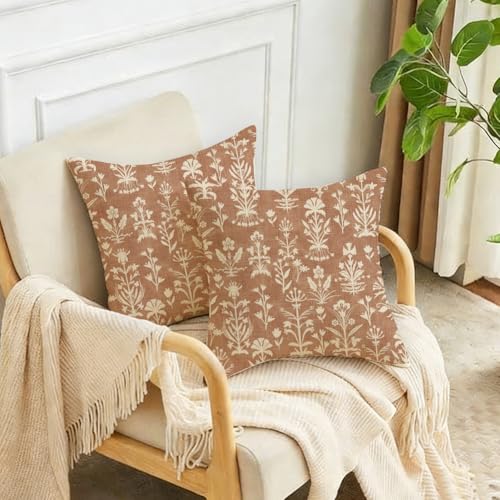 RABUSOFA Floral Throw Pillow Covers Set of 2, 18x18 in Vintage Cognac