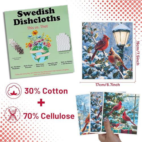 Cardinal Swedish Dishcloths - 6 Pack Reusable Christmas Kitchen Cloths