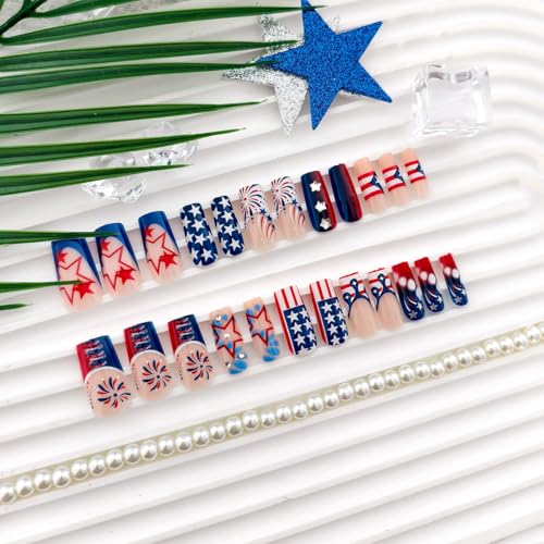 4th of July Press on Nails Medium Square Red White Blue Rhinestone Fake Nails