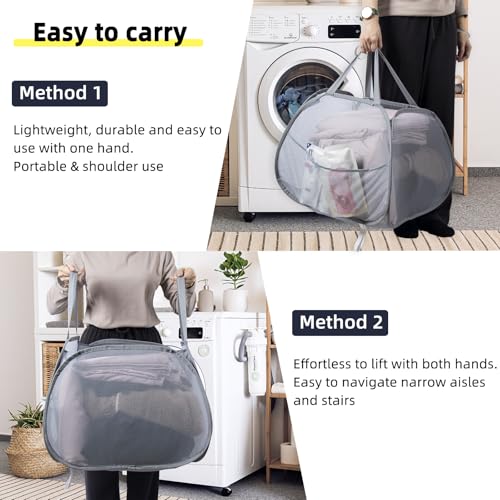 Hedonlee Collapsible Laundry Basket 90L Mesh Hamper with Handles - Square Mesh, Gray