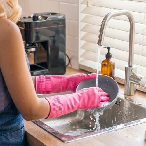 Gennethly Red Rubber Dishwashing Gloves - 2 Pairs, Medium Long Cuff