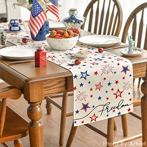 Patriotic Stars 4th of July Table Runner 13x72 Inch Cream - Holiday Decor