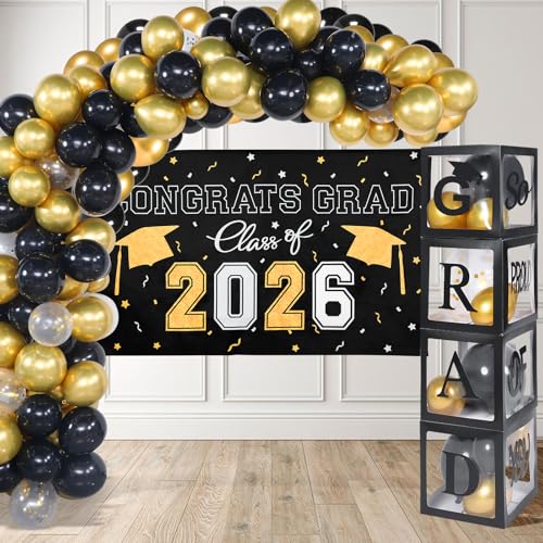 Class of 2026 Black and Gold Graduation Party Decoration Set with Arch Kit