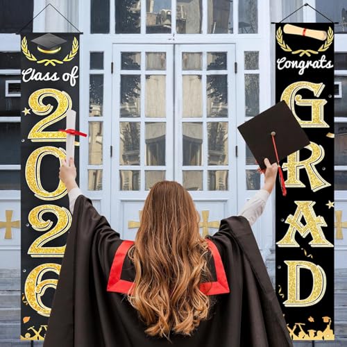 Black Gold Graduation Banner Set for Class of 2026 - Congrats Grad