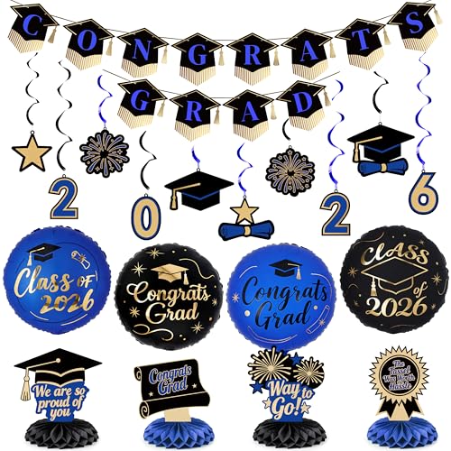 Graduation Decorations Class of 2026 - 19-Piece Black Gold Blue Set