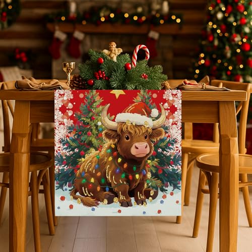 Cow Christmas Table Runner Highland Cow Seasonal Kitchen Decor 13x120 Inch