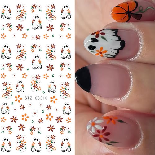 6 Sheets Ghost Nail Stickers 3D Self-Adhesive Spooky Floral Fall Decals