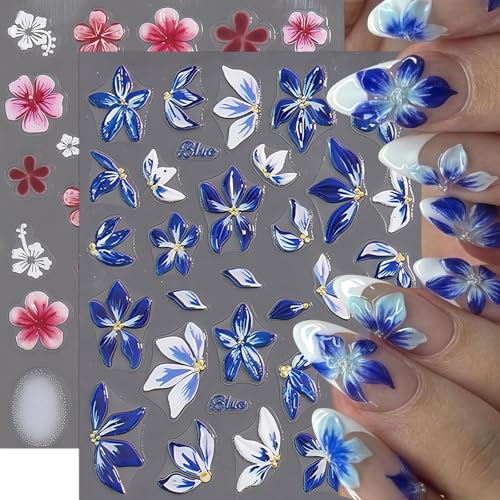 Quezadyl 5D Embossed Blue Hibiscus Flower Nail Stickers - 2 Sheets