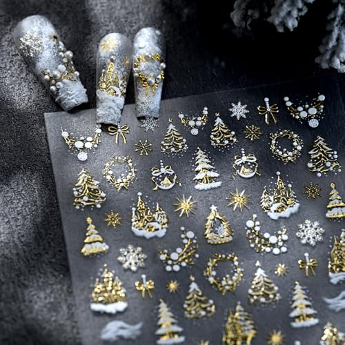 TailaiMei Embossed Christmas Nail Decals Gold Xmas Tree Snow Stickers