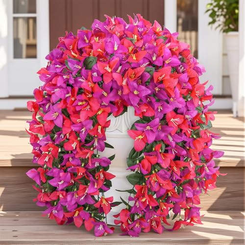 Artificial Bougainvillea Hanging Plants - 2 Pack Outdoor Faux Flowers, Fuchsia & Purple Hotpink