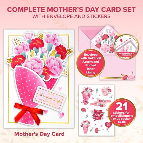 Gold Foil Mother's Day Card for Wife - 5x7in with Stickers