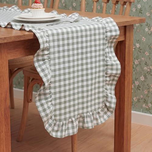 Green Gingham Cotton Ruffle Table Runner for 4-6 People - 12x71 Inches, Plaid / Olive Green