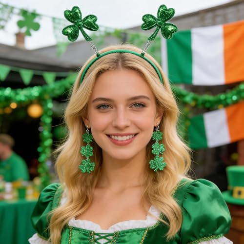 St. Patrick's Day Headband and Earrings Set - Green Glitter Shamrock