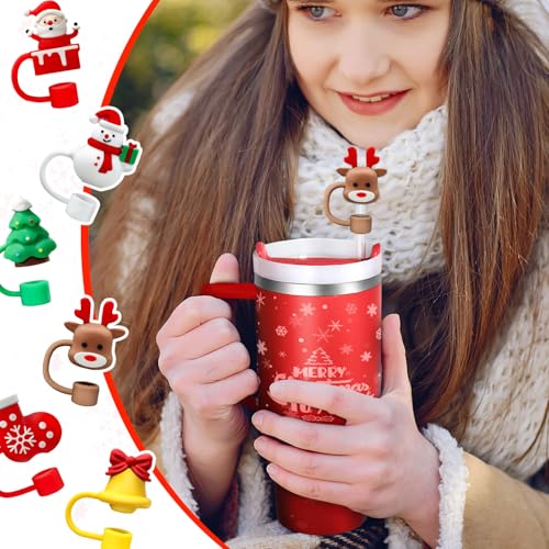 Christmas Reusable Straw Cover Caps for 30oz & 40oz Tumblers - Santa, Elk & Jingle Bell Designs - Pack of 6