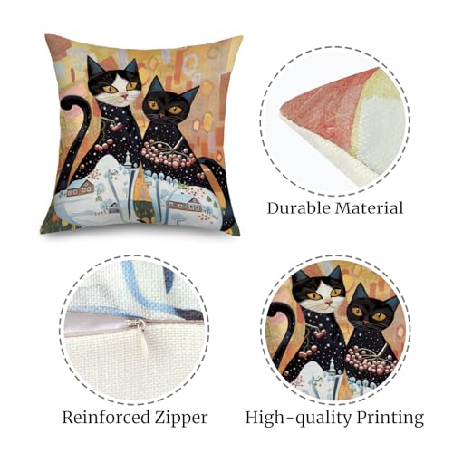 Set of 4 Boho Black Cat Throw Pillow Covers - 18x18