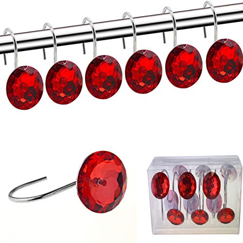 FINROS 12-Piece Red Diamond Crystal Bling Shower Curtain Hooks Rings