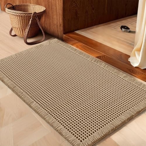 Waffle Bath Mat Beige 32"x20" - Soft Non-Slip Boho Rug