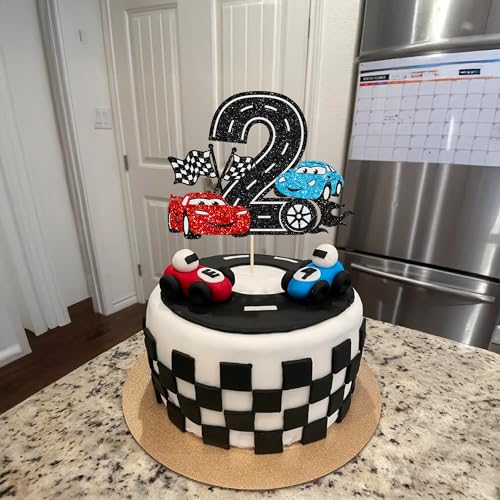 Ephlyn Race Car 2nd Birthday Cake Topper - Glitter Black Two Fast Decor