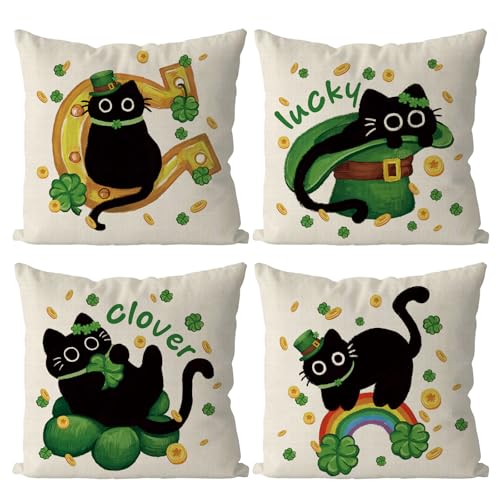St. Patrick's Day Pillow Covers 18x18 Inch Set of 4 - Black Cat Decor