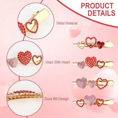 CURASA Valentine’s Day Heart Metal Alligator Hair Clips Rhinestone