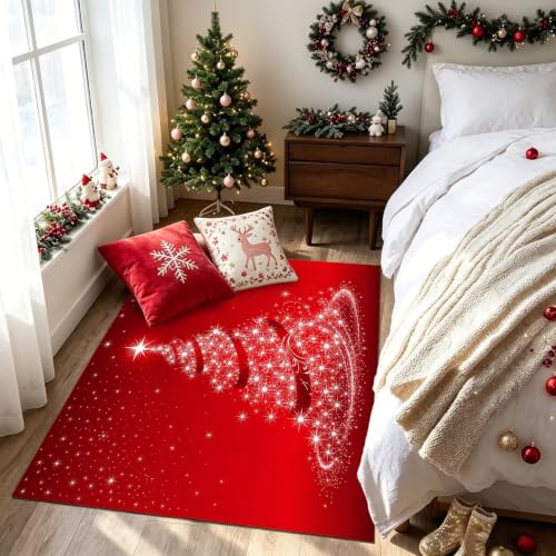 Red 3x5 ft Christmas Tree Area Rug Holiday Floor Mat for Home Decor