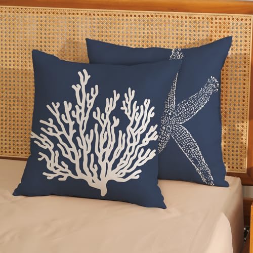 Navy Blue Starfish Coral Pillow Covers 20x20 Inch (Pack of 2) - Summer Decor