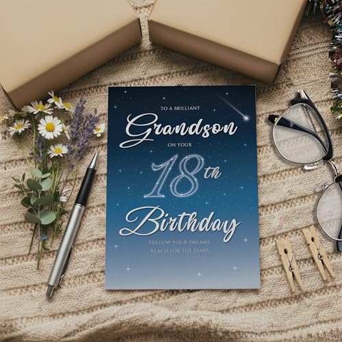 18th Birthday Card for Grandson - Starry Night Design, A5 Size