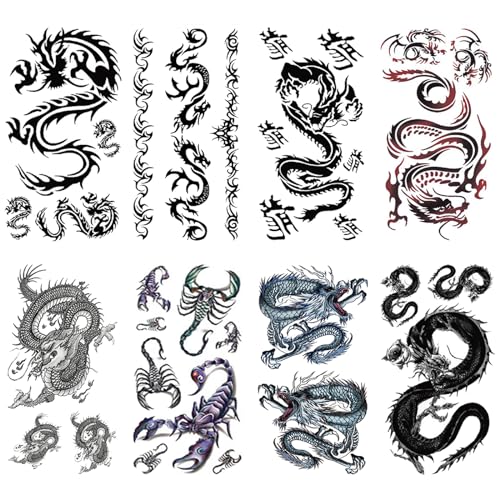 Briyhose Chinese Dragon Temporary Tattoos 8-Sheet Realistic Fake Body Art
