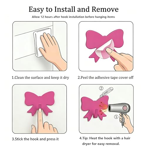 8 Pcs Pink Bow Knot Adhesive Wall Hooks - Cute Kawaii Decor for Hanging