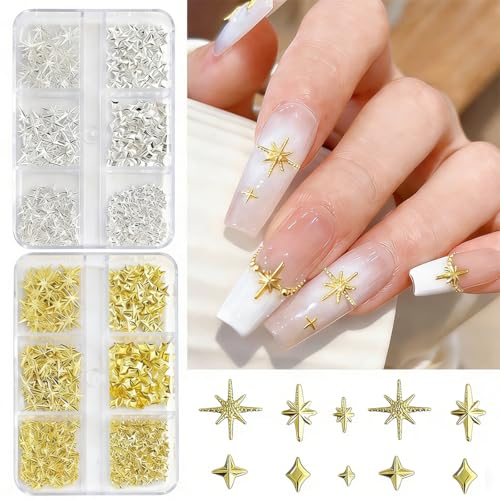 GUAACCB 3D Gold & Silver Star Nail Charms - 2 Box Celestial Metal Jewels