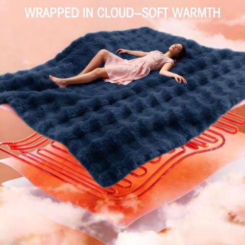 Navy Blue Flannel & Faux Fur Heated Blanket Full Size Machine Washable