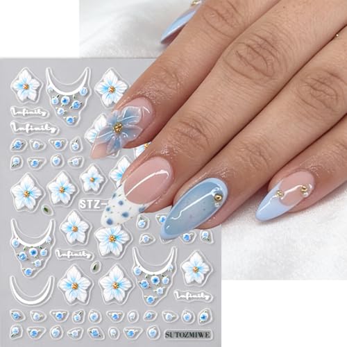 5D Embossed Flower Nail Stickers - 3 Sheets Blue & Pink Spring Floral Decals