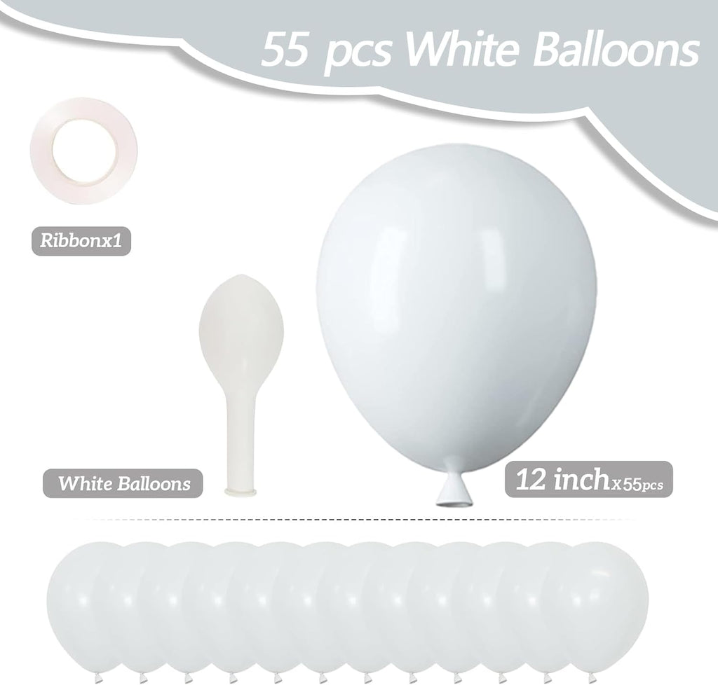 White Latex Balloons - 55 Pack of 12-Inch Balloons with Ribbon for Birthday, Graduation & Wedding Decor