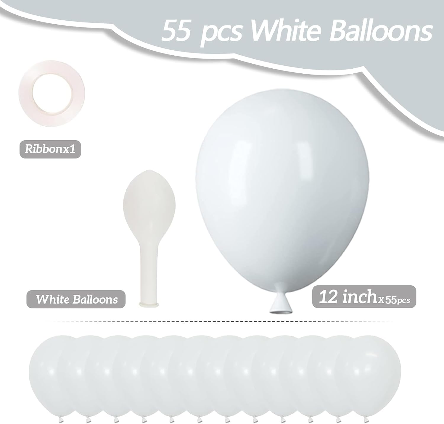 White Latex Balloons - 55 Pack of 12-Inch Balloons with Ribbon for Birthday, Graduation & Wedding Decor