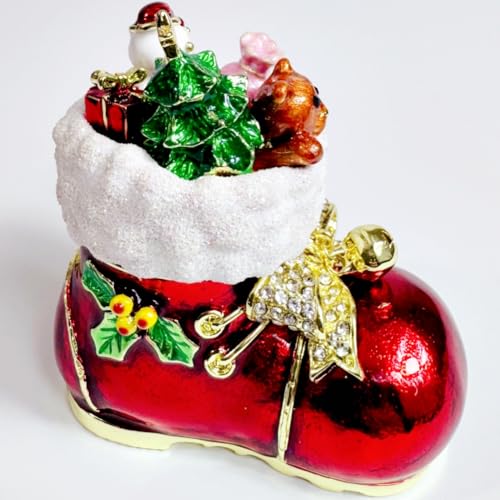 Hand Painted Enamel Santa Boots Trinket Box - Christmas Jewelry Storage - Red Variation