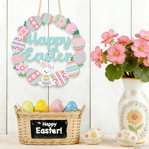 Wooden Easter Bunny Wreath Sign - Welcome Spring Decor