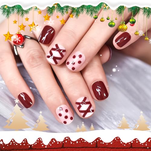 iMABC Christmas Glossy Red Short Squoval Press On Nails with Bow Design