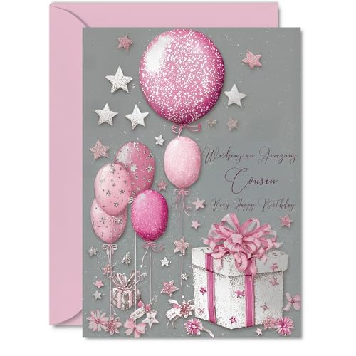 Giftzie Silver Cousin Birthday Card - A5 with Pink Presents
