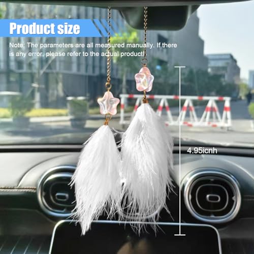 Fuzzy Feather & Star Car Rearview Mirror Hanging Ornament - White
