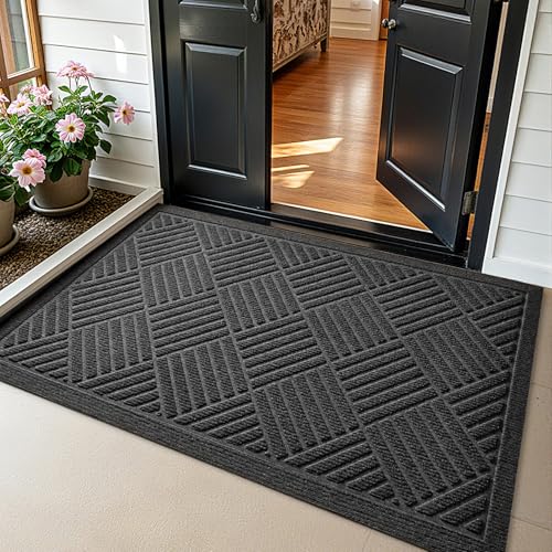 PLEASOR Grey 1.5' x 2.5' Indoor/Outdoor Front Door Mat, Dirt-Resistant Entry Rug