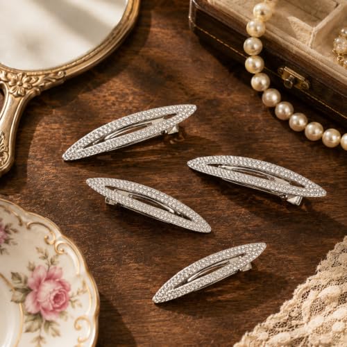 Rhinestone Hair Clips Set 4 Pcs 2.4 Inch Silver Metal Snap Barrettes
